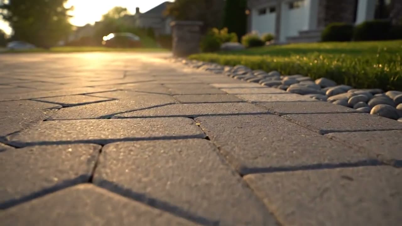 Finished gray paver driveway at golden hour