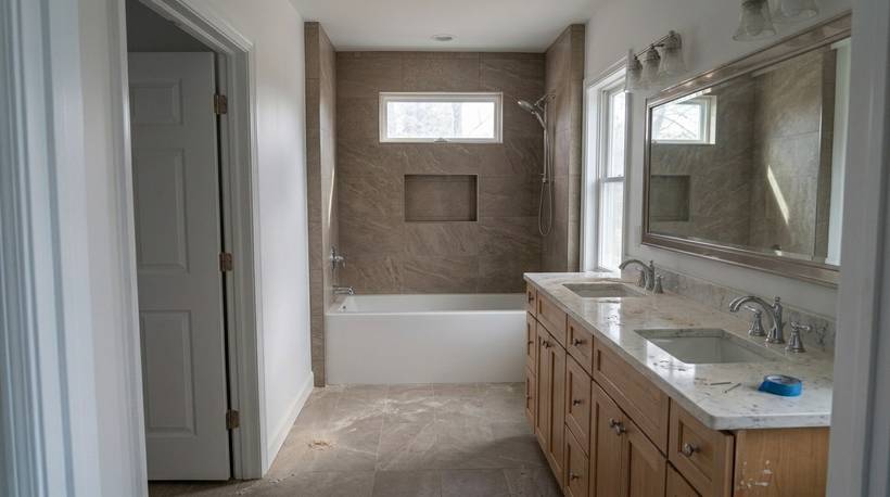 Finished bathroom remodel with tiled tub surround and double vanity