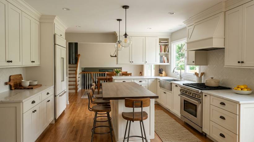 Finished kitchen remodel with shaker cabinets, quartz counters and an island